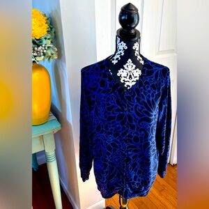 Talbots Blue/Black Floral Sweater Cardigan Sz 1 X Plus Cotton Long Sleeves